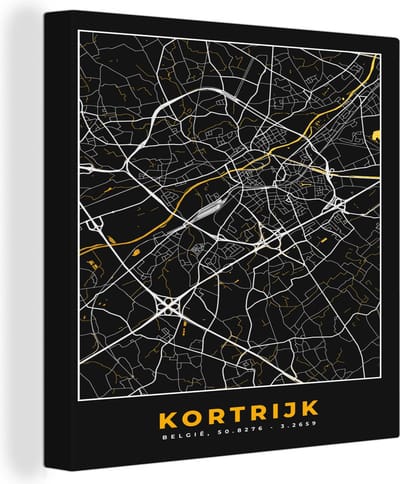 Canvas Schilderij Kaart - Kortrijk - Goud - Plattegrond - Stadskaart - 20x20 cm - Wanddecoratie