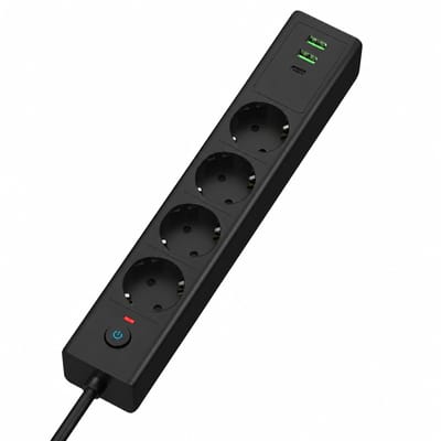 ECTEATOY® Stekkerdoos met hoofelschakelaar - 3 stopcontacten - 2 USB-A en 1 USB-C PD snelladen - 2 meter snoer - zwart