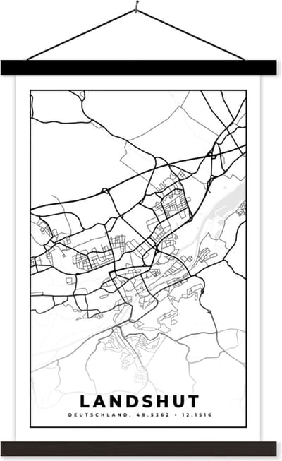 Posterhanger incl. Poster 40x60 cm - Schoolplaat - Plattegrond - Landshut - Kaart - Stadskaart - Textielposter - Zwarte latten - Stadskaart