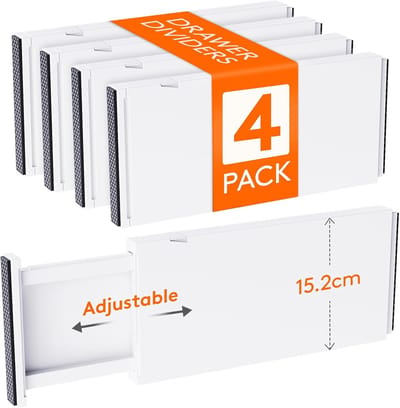 Famanu – Verstelbare ladeverdelers set van 4 - 15 cm hoog - lengte 34–56 cm - geschikt voor kleding en opbergen - duurzaam materiaal - praktisch voor keuken - kantoor of badkamer