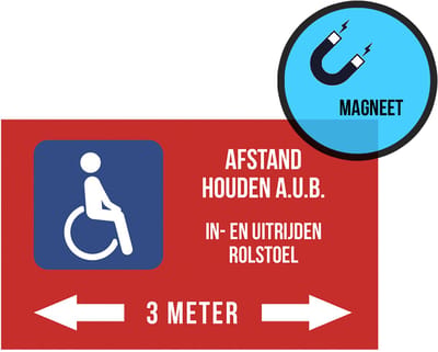 Pictogram/ magneet | "Afstand houden a.u.b. - In- en uitrijden rolstoel - 3 meter" | 25 x 15 cm | Gehandicapt | Invalide | Rolstoelgebruiker | Rolstoelvriendelijk | Nederlands | Invaliditeit | Automagneet | 1 stuk