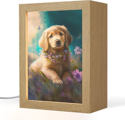 Nachtlampje 15x20 cm - Kinder lampje - Puppy - Bloemenkrans - Vlinder - Hond - Golden retriever - Tafellamp kinderkamer - Slaapkamer lamp - Bedlamp kinderen - Kinderlampje stopcontact - Wandlamp babykamer - Nachtlampjes
