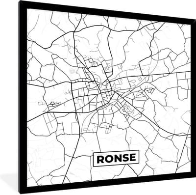 Fotolijst incl. Poster Zwart Wit- Stadskaart – Plattegrond – België – Zwart Wit – Ronse – Kaart - 40x40 cm - Posterlijst
