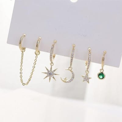 Schitterende Maan Ster Dubbele Oorgaatjes Oorbellen Sets Mozaïek Kubieke Zirconia Ring Oorbellen Voor Vrouwen 5-Delige Sets S -E1091 goud