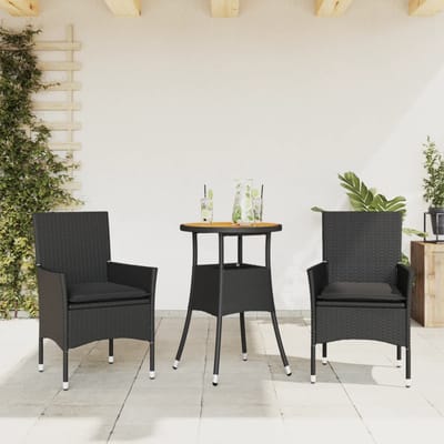 vidaXL - 3-delige - Tuinset - met - kussens - poly - rattan - en - acaciahout - zwart