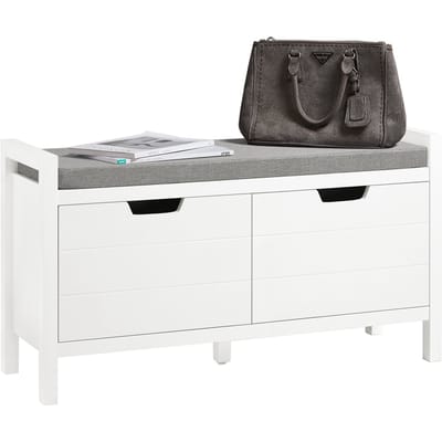 SoBuy FSR63-II-W Opbergbank 91x30x50 cm, Wit, Lage Entree Meubel met Zacht Gekussen en 2 Deuren