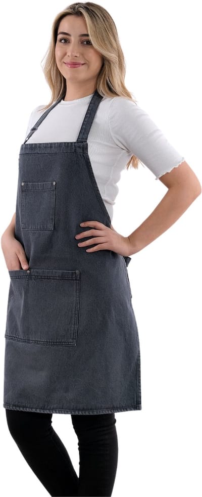 Sevilya Denim Keukenschort – Grijs - 65x70 cm - Gewassen Spijkerstof – Schort met 3 Zakken – Verstelbare Nekband – Hoge Kwaliteit Kookschort voor Dames en Heren