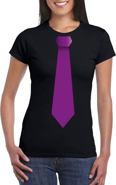 Carnaval verkleed t-shirt - met paarse stropdas - zwart - dames - korte mouwen S