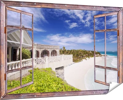 Gards Tuinposter Doorkijk Het Strandhuis - 180x120 cm - Tuindoek - Tuindecoratie - Wanddecoratie buiten - Tuinschilderij