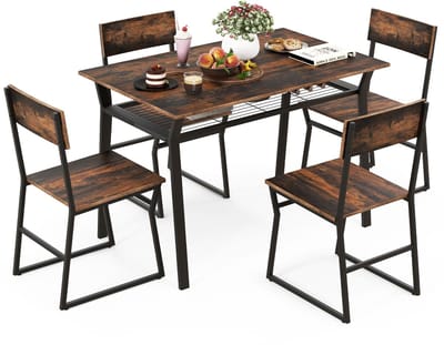COSTWAY Eettafelset, 5-delig, keukentafel met 4 stoelen en plank, eetgroep voor 4 personen, eetkamertafel, metalen frame, industriële zitgroep, bartafelset voor keuken, eetkamer (vintage)