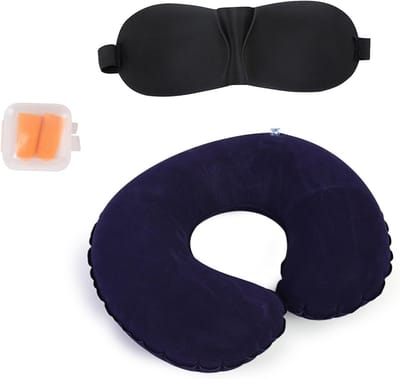 Thijox - Opblaasbaar Reiskussen Ergonomisch Nekkussen Zacht Fluweel met Oogmasker en Oordopjes Draagbaar voor Vliegtuig en Trein