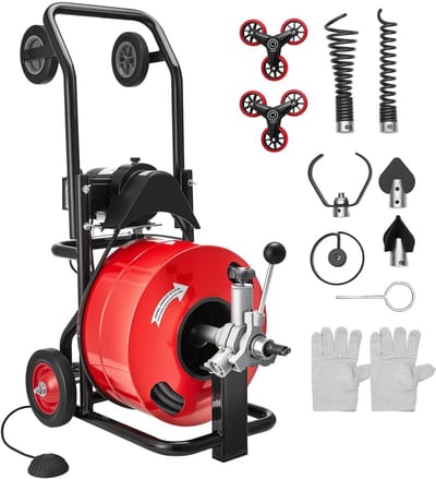 Pijpreinigingsmachine - Rioolontstopper - Spiraal 19 mm x 30 m - Automatische Aanvoer - Pneumatische Voetschakelaar - Zes Snijkoppen - Voor Buizen Ø 100–200 mm - Op Wielen