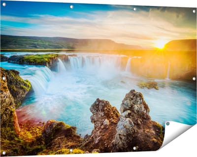 Gards Tuinposter Watervallen bij Zonsondergang - 120x80 cm - Tuindoek - Tuindecoratie - Wanddecoratie buiten - Tuinschilderij