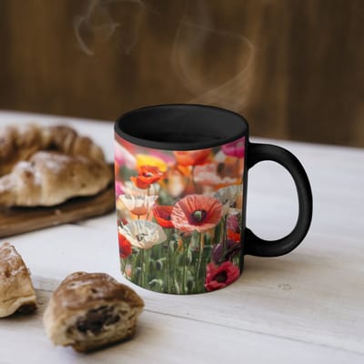 Magische Mok - Foto op Warmte Mokken - Koffiemok - Bloemenveld - Klaprozen - Kleurrijk - Magic Mok - Beker - 350 ML - Theemok