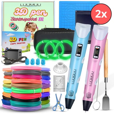 Luumuu® 3D Pen Starterspakket XXL Duo Set - Roze & Blauwe 3D Printing Pennen - 3D Tekenen - Incl. 200m Filament Vullingen - Glow In The Dark - Tekenmat - Sjablonen Boek - Tekentablet - Voor Kinderen - Complete Set