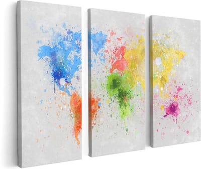 Artaza Canvas Schilderij Drieluik Wereldkaart Met Verfvlekken - Abstract - 120x80 - Foto Op Canvas - Canvas Print