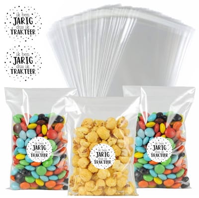 50x Uitdeelzakjes 10x15cm + Sluitstickers Ik Ben Jarig Dus Ik Trakteer - Zakjes Met Plakstrip - Zelfklevende Zakjes - Uitdeelzakjes - Traktaties - Transparant - 10x15cm - 50 Stuks