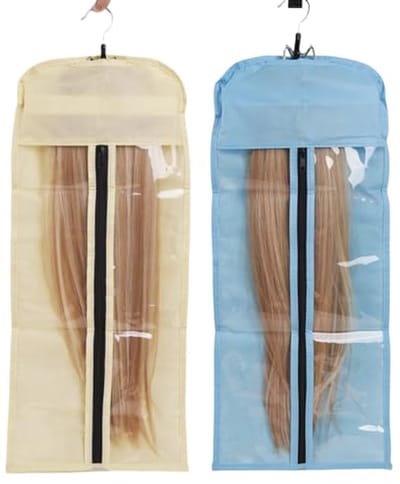 Haarextensie Opbergset - Pruikenhouder Tas - Haar Beschermen - Stabiele Hanger - 2 Stuks - Blauw Beige