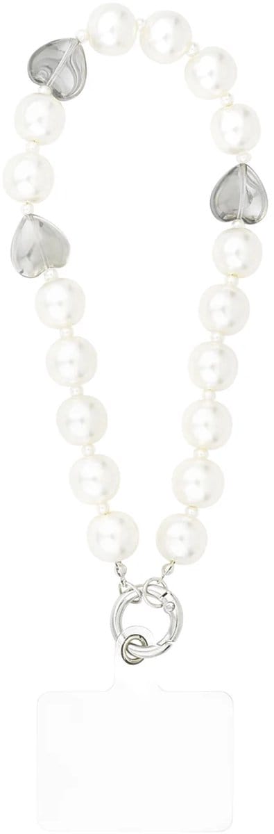 Telefoonkoord heart of pearl wit met grijs - Valentijn cadeau - Cadeau - Geschikt voor iPhone - Geschikt voor Samsung - Universeel - Phone cord - Telefoonketting - Koord voor telefoon