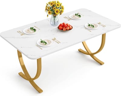 Tribesigns Eettafel - Rechthoekig Keukentafel - 160 x 80 x 75 cm - Eetkamertafel Voor 6-8 Personen - Moderner Design - Vintage - Wit en goud