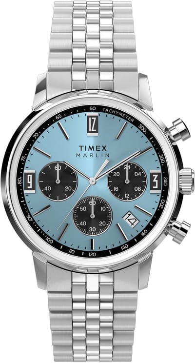 Timex Marlin Quartz Chrono Quartz Chronograaf Horloge Zilverkleurig En Blauw Kast Gemaakt Van 100% Roestvrij Staal En Een Armband Van 100% Roestvrij Staal 40 TW2Y66500AJ