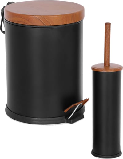Tiss® - Pedal Bin Classic Pedaalemmer -  2-delig- Badkamer en Toilet- 5 l - Prullebank - Zwart / Bruin - Metaal / Bamboe - Rond