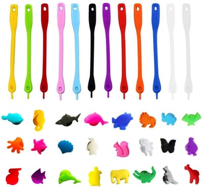 Dailygoods- Wijnglasetiketten Veelkleurig - 24 Dieren/Mariene Modellen - 12 Markeringsstrips - Silicone - Duurzaam - Eenvoudig in Gebruik - Wijnglasmarkers