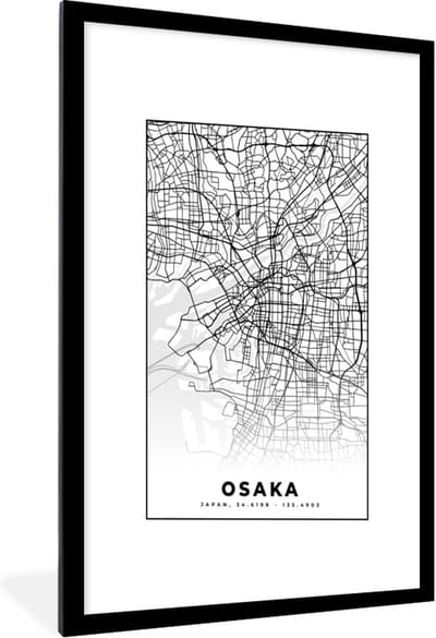 Fotolijst incl. Poster - Kaart - Osaka - Stadskaart - Japan - Plattegrond - 60x90 cm - Posterlijst