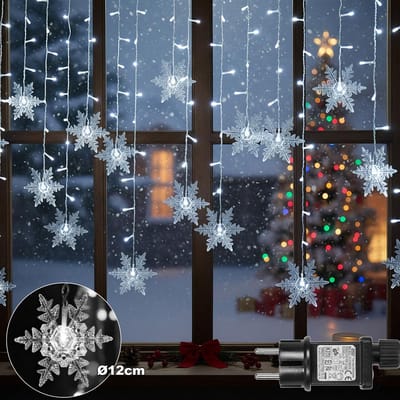 MUPOO Sneeuwvlokken Kerstverlichting Lichtgordijn - 16 sneeuwvlok LED’s Ø12cm - Ijspegel gordijnverlichting 1,8 Meter - Lichtslinger Kerst - met 8 Modi - Timer - voor Balkon Tuin - Wit Raamdecoratie