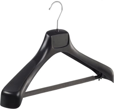 De Kledinghanger Gigant - Mantelhanger - Kostuumhanger - Jassenhanger - Volwassenen - ETR43 - 50 Stuks - Kunststof - Zwart - Gebogen Model - Schouderverbreding 7,4 cm - Broeklat met Schuim - 43 cm - Kledinghanger - Kleerhanger - ETR-Serie
