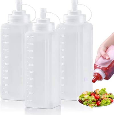 SnelShoppen - 3 Stuks Squeeze Flessen 1000ml - Plastic Doseerflessen voor Ketchup, Sauzen, Oliën - Herbruikbaar en Veilig PE Materiaal - Ideaal voor K