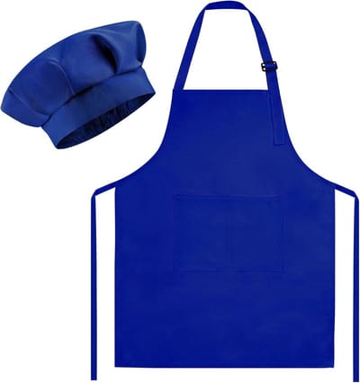 Kinderschort en Koksmuts Set - Verstelbaar Schort met 2 Zakken voor Kinderen - Blauw