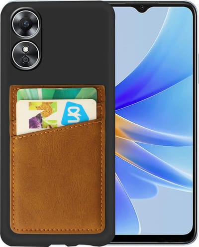 Casemania Hoesje Geschikt voor Oppo A17 Zwart & Kaarthouder Sienna Brown - Siliconen Back Cover