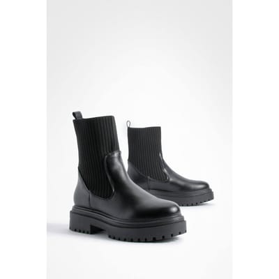 boohoo Dames Chunky Zool Gebreide Chelsea Laarzen | Zwart | Maat: 38