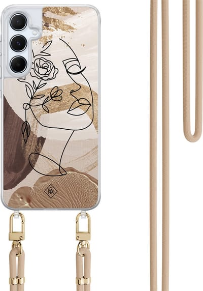 Casimoda® hoesje met koord - Geschikt voor Samsung A15 - Abstract Gezicht Bruin - Afneembaar koord - TPU/polycarbonaat - Bruin/beige