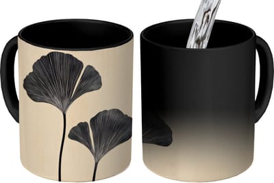 Magische Mok - Foto op Warmte Mokken - Koffiemok - Bladeren - Minimalistisch - Zwart - Magic Mok - Beker - 350 ML - Theemok