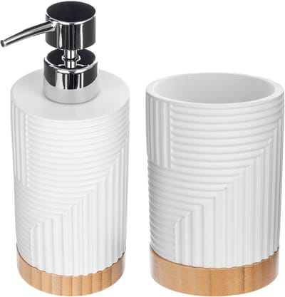 KADAX Set van 2 voor badkamer, tandenborstelbeker en afwasmiddeldispenser, decoratieve tandenborstelbeker, moderne zeepdispenser voor afwasmiddel (rond wit)