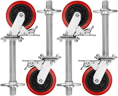 Steigerwielen met rem - Steigertoren wielen - Steigers verplaatsen - Dubbele remfunctie - 6 inch - Rood