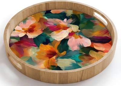 Dienblad rond 40x40 cm - Schootdienblad hout - Harmonieus - Abstracte bloemen - Warme tinten - Borrelplank rechthoek - Plateau houten dienbladen