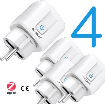 Arisenn® Zigbee 4 Pack Slimme Stekker EU | Wifi | Stembediening (Google, Alexa, Siri) | App | Timer | Energie Meter | Zigbee 3.0 | Thuisautomatisering | Makkelijk te Installeren | Perfect voor Beginners | Bespaar Energie | Afstandsbediening per 4