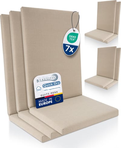 Beautissu QD-HL – Set van 7 Premium Tuinstoelkussens Hoge Rug 122x48 cm – 100% Waterdicht – Weerbestendig – Sneldrogend – UV-bestendig – Natuur