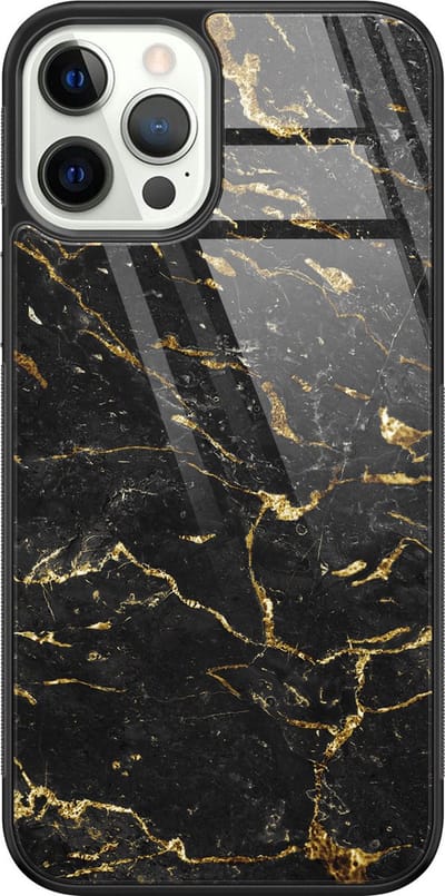 Hoesje geschikt voor iPhone 12 Pro - Marmer zwart goud - Luxe Glazen Hardcase - Marmer - Zwart, Goud - Leuke Telefoonhoesjes