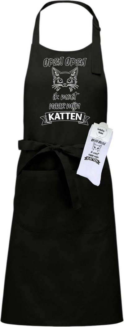Keukenschort en sokken met tekst - Giftset - Opzij ik moet naar mijn katten - Moederdag - Vaderdag - Zwart - Verstelbaar - Cadeau idee - Verjaardag - Cadeau dames en heren - Liefste Opa en Oma cadeau - Kerst cadeau - Grappig cadeau - Onesize