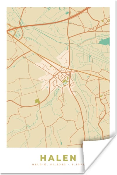 Poster Retro - Halen - Stadskaart - Plattegrond - Kaart - 120x180 cm XXL