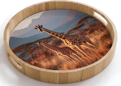 Dienblad rond 40x40 cm - Schootdienblad hout - Giraffen - Hoog gras - Acaciabomen - Borrelplank rechthoek - Plateau houten dienbladen