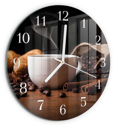 Tulup Wandklok - Koffie Gekleurde Glazen Klok - 30fi cm - Bruin Glazen Klok Met Print - Witte Handen - Ronde Wandklok - Moderne Wandklok Glas - Wandklok Glas Decoratie