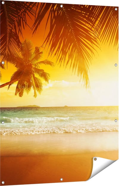 Gards Tuinposter Tropisch Strand tijdens Zonsondergang - 90x120 cm - Tuindoek - Tuindecoratie - Wanddecoratie buiten - Tuinschilderij