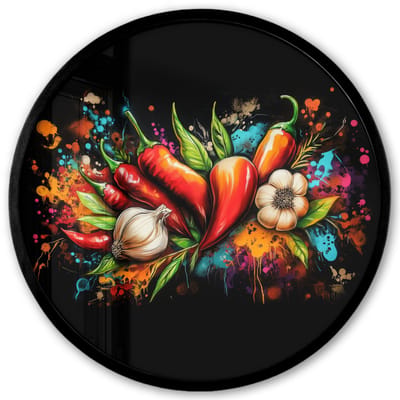 Poster in lijst Rond - Fotolijst 40x40 cm - Posters - Groente - Peper - Knoflook - Graffiti - Verf - Kleurrijk - Ronde posterlijst zwart - Decoratie - Wanddecoratie woonkamer - Muurdecoratie slaapkamer
