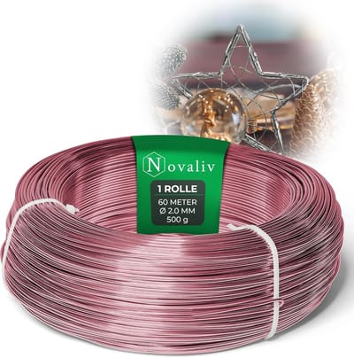Novaliv 60 meter aluminiumdraad 2 mm roze, knutseldraad ideaal als buigdraad voor knutselen, veelzijdig voor doe-het-zelfprojecten en decoraties, rol van 60 m decoratief draad, bloemendraad, geen sieradendraad