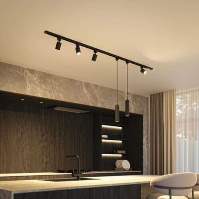 HOFTRONIC railverlichting pakket recht – 2x 1 meter rail – 4 railspots 2 hanglamp – gu10 fitting – dimbaar – aluminium zwart – ip20 – modulair – 230v – railverlichting woonkamer keuken